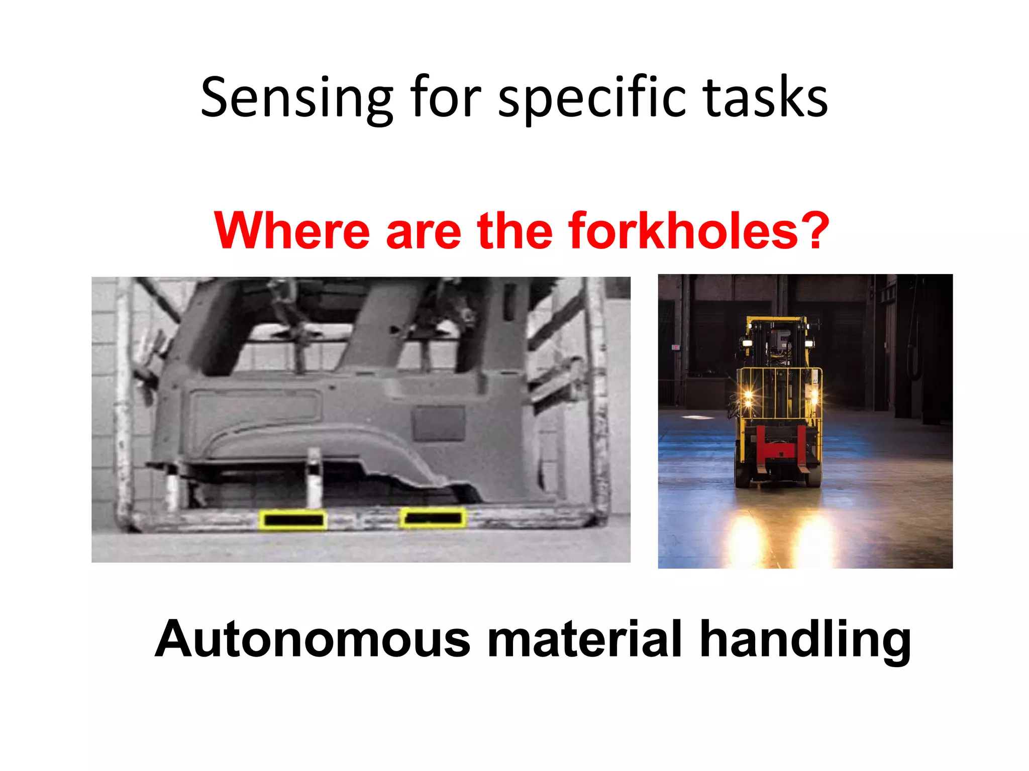 Sensing for specific tasks
Autonomous material handling
Where are the forkholes?
 