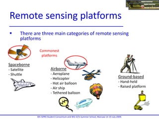  There are three main categories of remote sensing
platforms
Spaceborne
- Satellite
- Shuttle
Ground-based
- Hand-held
- Raised platform
Airborne
- Aeroplane
- Helicopter
- Hot air balloon
- Air ship
- Tethered balloon
Commonest
platforms
4th ISPRS Student Consortium and WG VI/5 Summer School, Warsaw 13-19 July 2009.
Remote sensing platforms
 