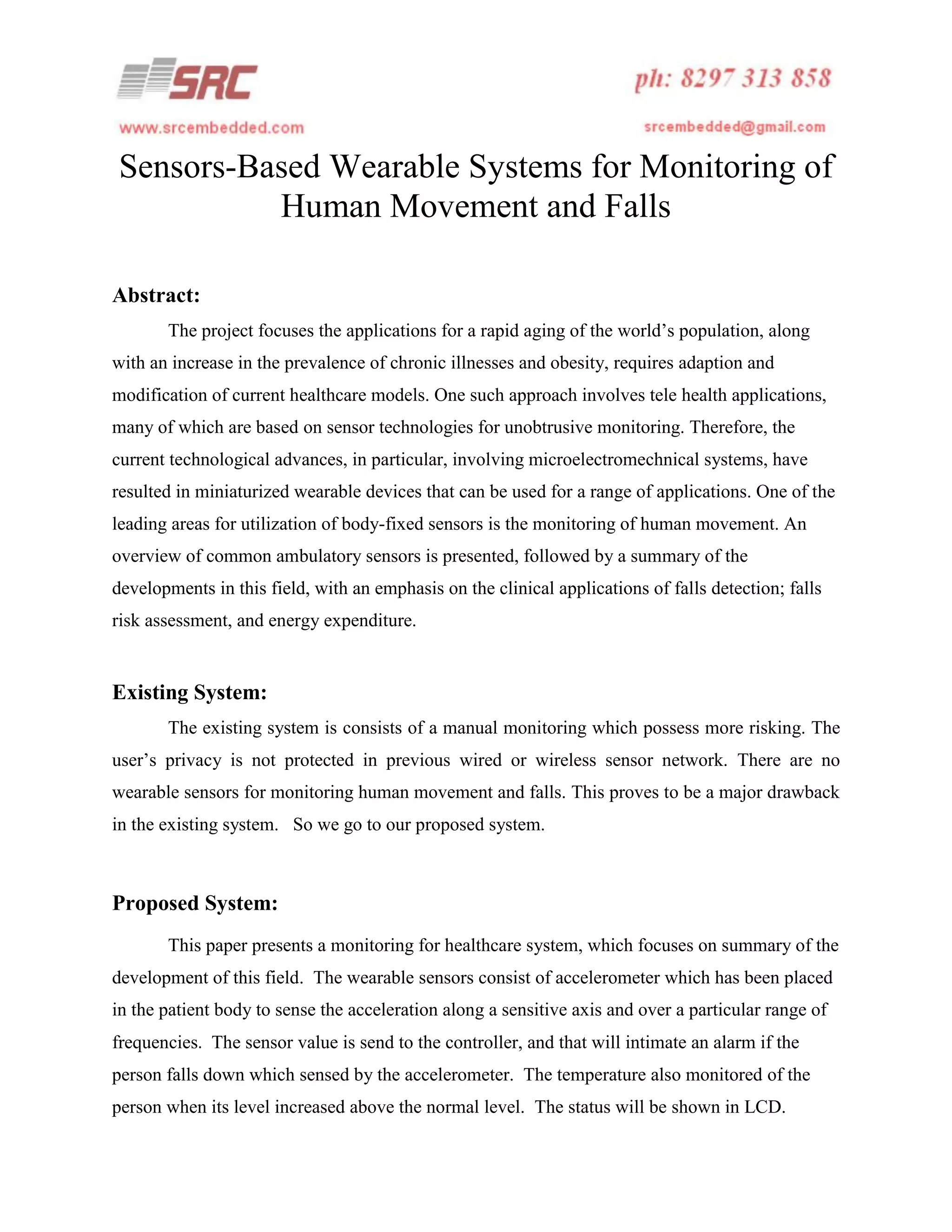 Sensors based wearable systems for monitoring of human movement and ...