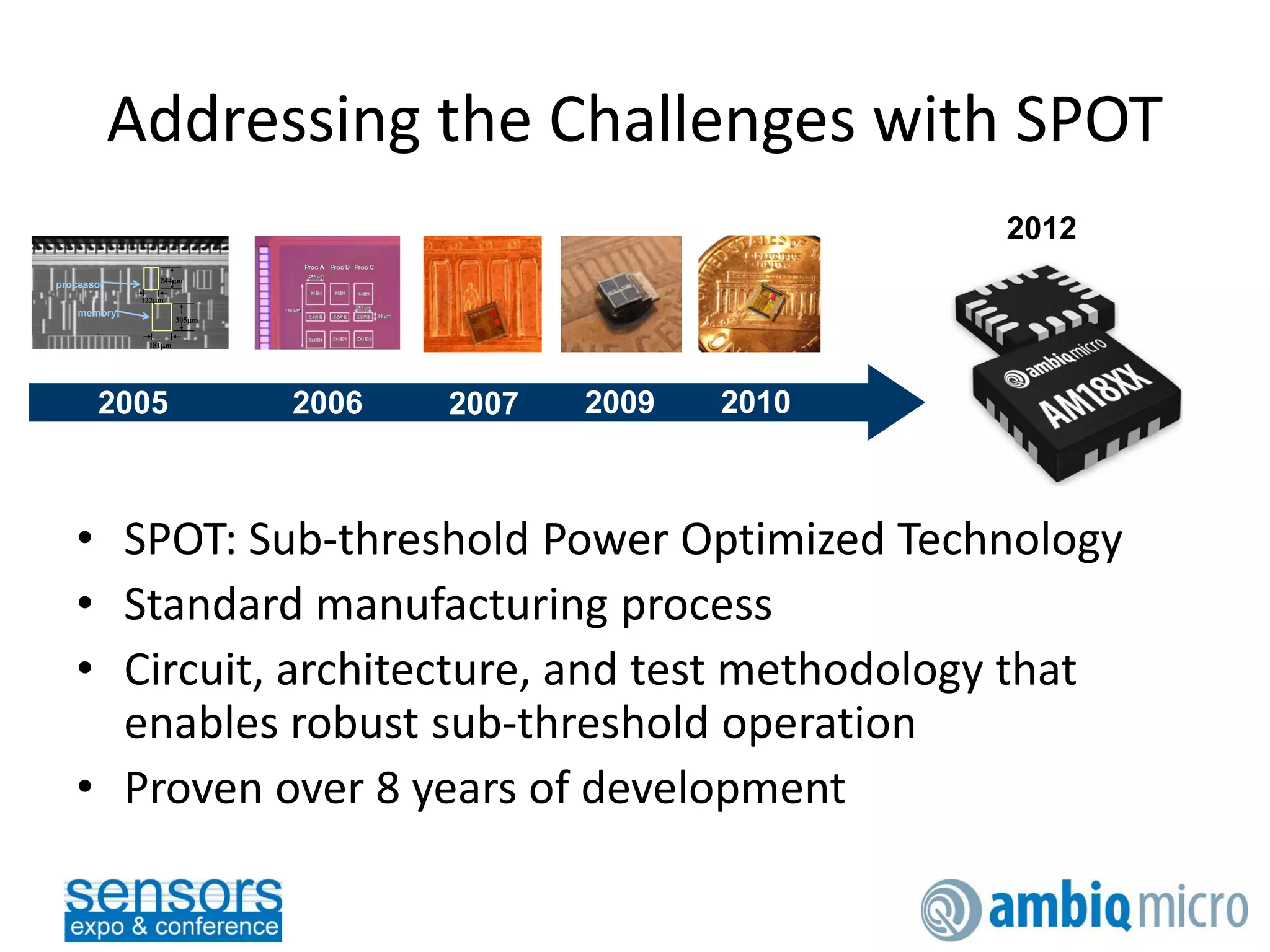 Addressing the Challenges with SPOT
• SPOT: Sub-threshold Power Optimized Technology
• Standard manufacturing process
• Circuit, architecture, and test methodology that
enables robust sub-threshold operation
• Proven over 8 years of development
2005 2006 2007 2009 2010
processor
memory
244µm
305µm
122µm
181µm
processor
memory
244µm
305µm
122µm
181µm
2012
 