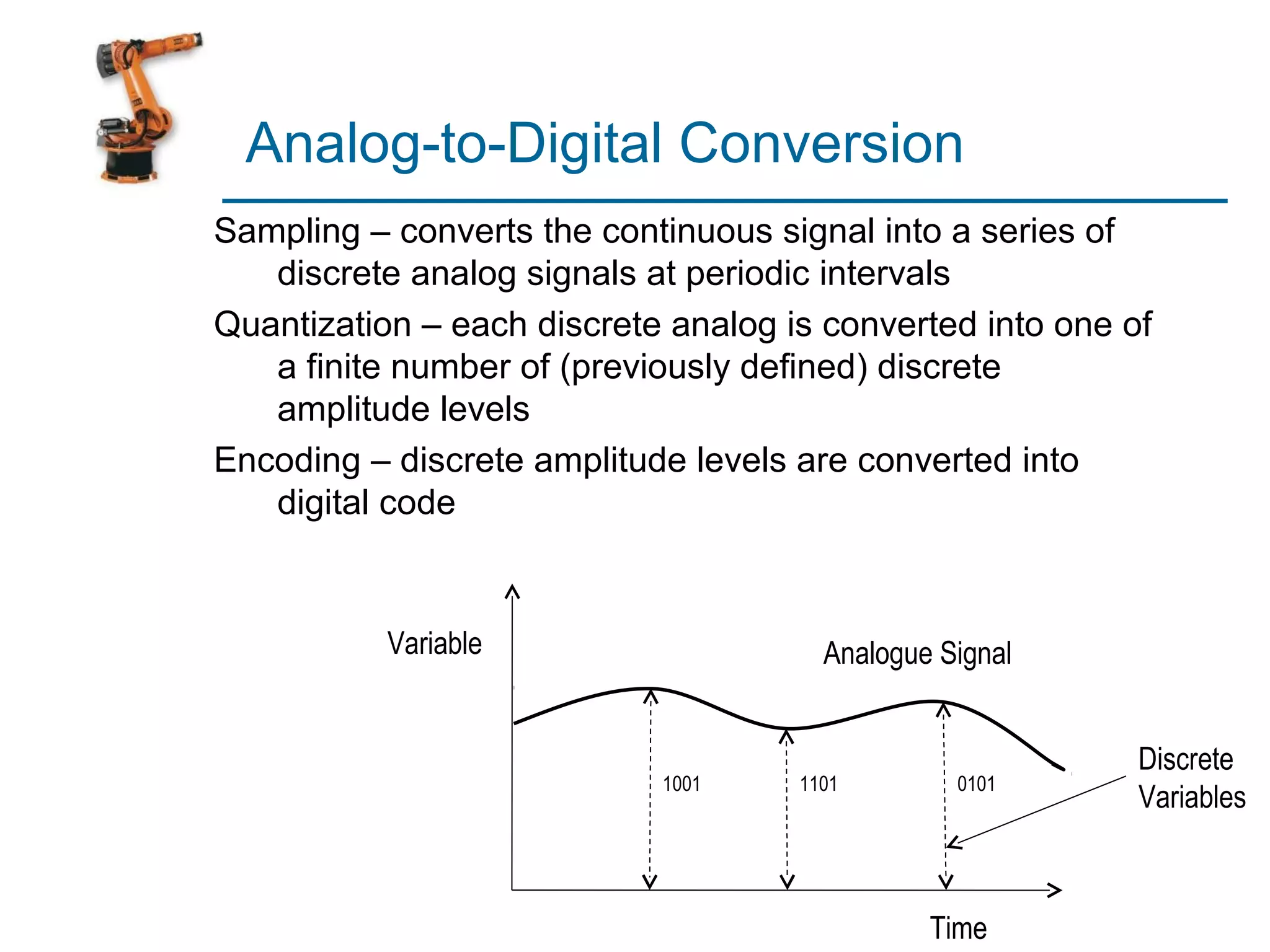 Analog-to-Digital Conversion
Sampling – converts the continuous signal into a series of
   discrete analog signals at periodic intervals
Quantization – each discrete analog is converted into one of
   a finite number of (previously defined) discrete
   amplitude levels
Encoding – discrete amplitude levels are converted into
   digital code


           Variable                    Analogue Signal


                                                           Discrete
                            1001     1101        0101
                                                           Variables



                                               Time
 