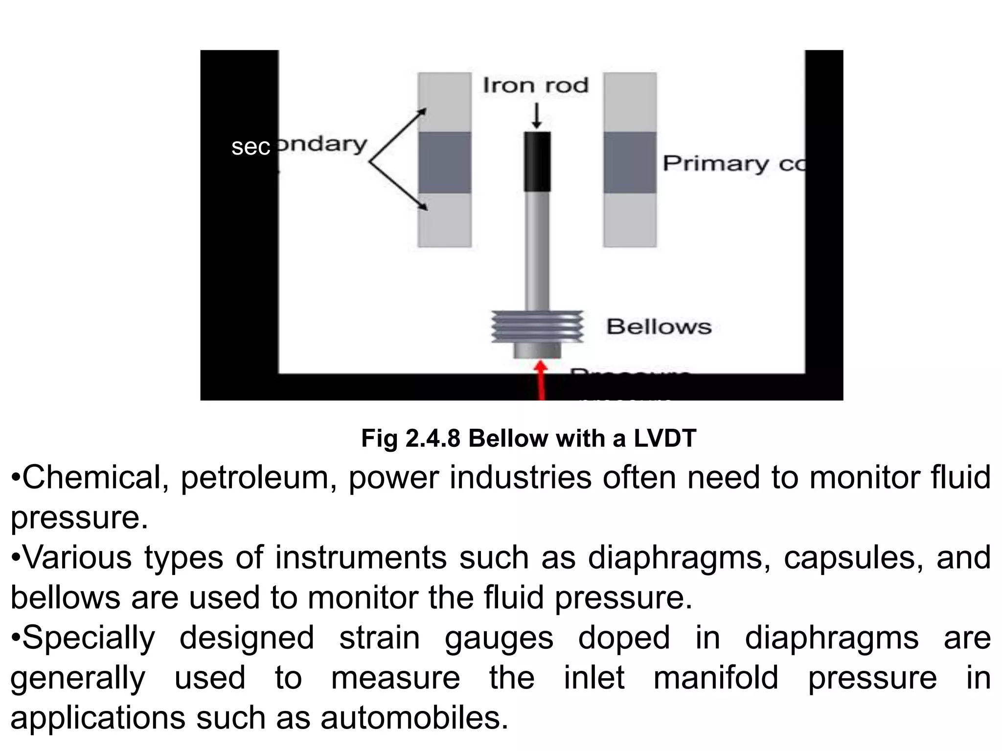 sec
pressure
Fig 2.4.8 Bellow with a LVDT
•Chemical, petroleum, power industries often need to monitor fluid
pressure.
•Various types of instruments such as diaphragms, capsules, and
bellows are used to monitor the fluid pressure.
•Specially designed strain gauges doped in diaphragms are
generally used to measure the inlet manifold pressure in
applications such as automobiles.
 