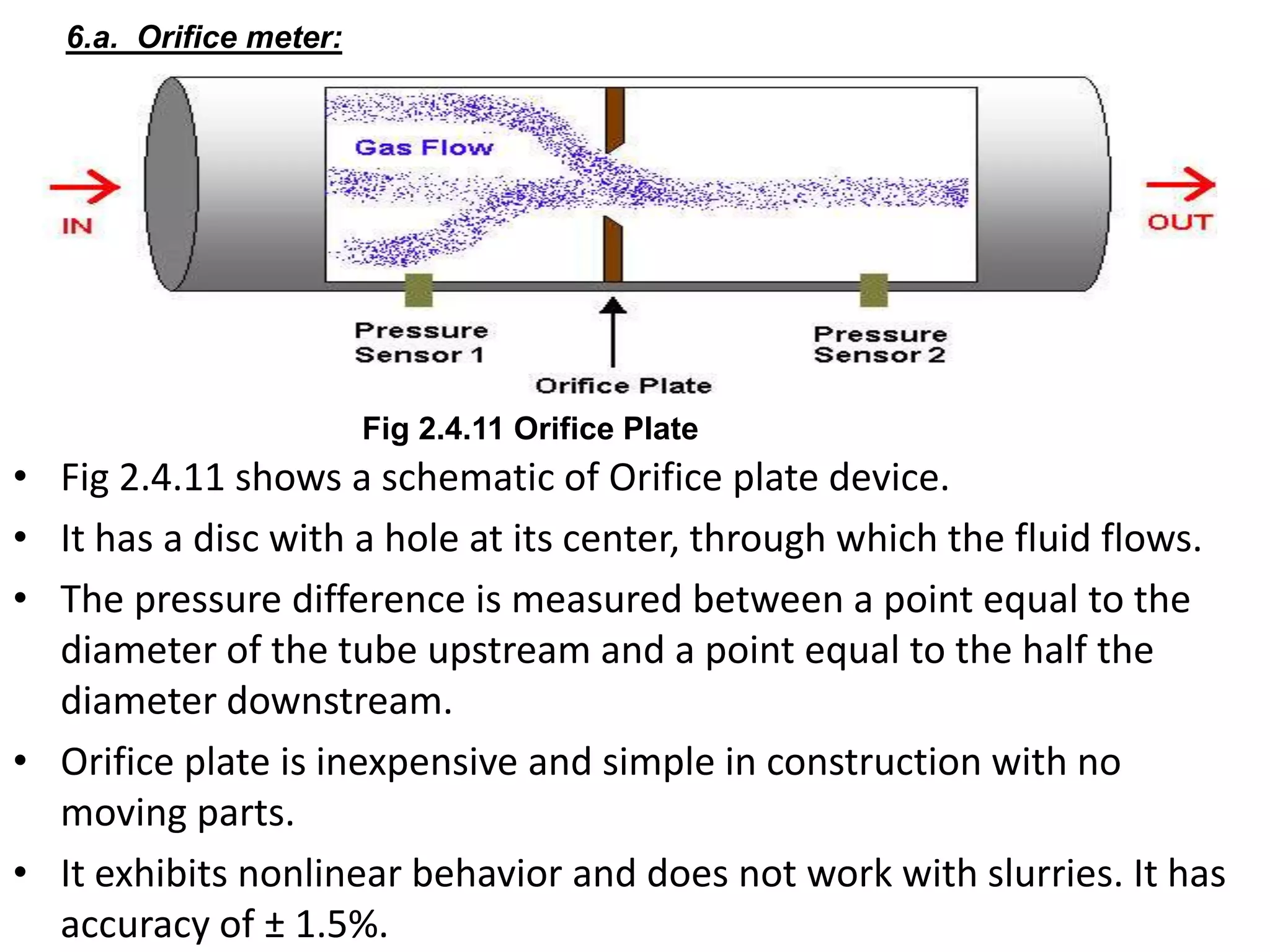 • Fig 2.4.11 shows a schematic of Orifice plate device.
• It has a disc with a hole at its center, through which the fluid flows.
• The pressure difference is measured between a point equal to the
diameter of the tube upstream and a point equal to the half the
diameter downstream.
• Orifice plate is inexpensive and simple in construction with no
moving parts.
• It exhibits nonlinear behavior and does not work with slurries. It has
accuracy of ± 1.5%.
6.a. Orifice meter:
Fig 2.4.11 Orifice Plate
 