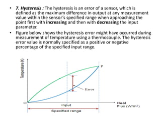 • 7. Hysteresis : The hysteresis is an error of a sensor, which is
defined as the maximum difference in output at any measurement
value within the sensor’s specified range when approaching the
point first with increasing and then with decreasing the input
parameter.
• Figure below shows the hysteresis error might have occurred during
measurement of temperature using a thermocouple. The hysteresis
error value is normally specified as a positive or negative
percentage of the specified input range.
 