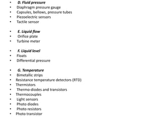 • D. Fluid pressure
• Diaphragm pressure gauge
• Capsules, bellows, pressure tubes
• Piezoelectric sensors
• Tactile sensor
• E. Liquid flow
• Orifice plate
• Turbine meter
• F. Liquid level
• Floats
• Differential pressure
• G. Temperature
• Bimetallic strips
• Resistance temperature detectors (RTD)
• Thermistors
• Thermo-diodes and transistors
• Thermocouples
• Light sensors
• Photo diodes
• Photo resistors
• Photo transistor
 