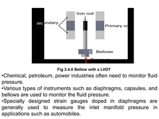 sec
pressure
Fig 2.4.8 Bellow with a LVDT
•Chemical, petroleum, power industries often need to monitor fluid
pressure.
•Various types of instruments such as diaphragms, capsules, and
bellows are used to monitor the fluid pressure.
•Specially designed strain gauges doped in diaphragms are
generally used to measure the inlet manifold pressure in
applications such as automobiles.
 