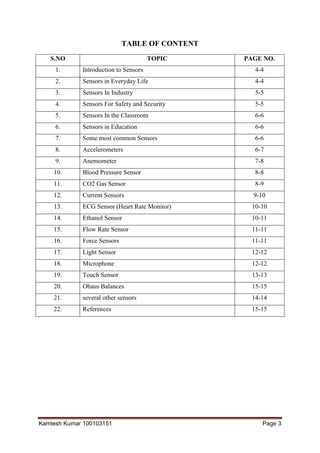 Kamlesh Kumar 100103151 Page 3
TABLE OF CONTENT
S.NO TOPIC PAGE NO.
1. Introduction to Sensors 4-4
2. Sensors in Everyday Life 4-4
3. Sensors In Industry 5-5
4. Sensors For Safety and Security 5-5
5. Sensors In the Classroom 6-6
6. Sensors in Education 6-6
7. Some most common Sensors 6-6
8. Accelerometers 6-7
9. Anemometer 7-8
10. Blood Pressure Sensor 8-8
11. CO2 Gas Sensor 8-9
12. Current Sensors 9-10
13. ECG Sensor (Heart Rate Monitor) 10-10
14. Ethanol Sensor 10-11
15. Flow Rate Sensor 11-11
16. Force Sensors 11-11
17. Light Sensor 12-12
18. Microphone 12-12
19. Touch Sensor 13-13
20. Ohaus Balances 15-15
21. several other sensors 14-14
22. References 15-15
 