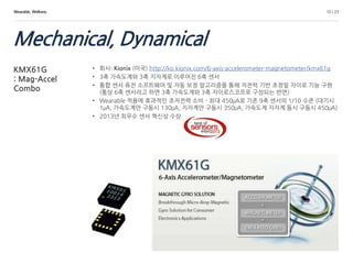 KMX61G
: Mag-Accel
Combo
• 회사: Kionix (미국) http://ko.kionix.com/6-axis-accelerometer-magnetometer/kmx61g
• 3축 가속도계와 3축 지자계...