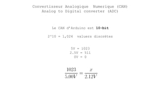 Le CAN d’Arduino est 10-bit
2^10 = 1,024 valuers discrètes
5V = 1023
2.5V = 511
0V = 0
Convertisseur Analogique Numerique (CAN)
Analog to Digital converter (ADC)
 