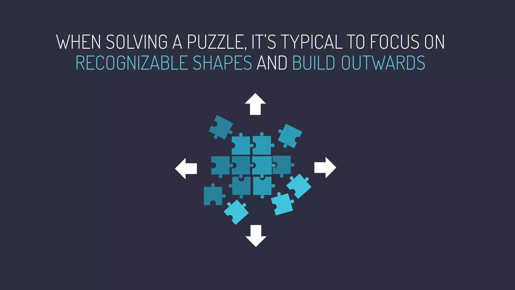 WHEN SOLVING A PUZZLE, IT’S TYPICAL TO FOCUS ON
RECOGNIZABLE SHAPES AND BUILD OUTWARDS
 