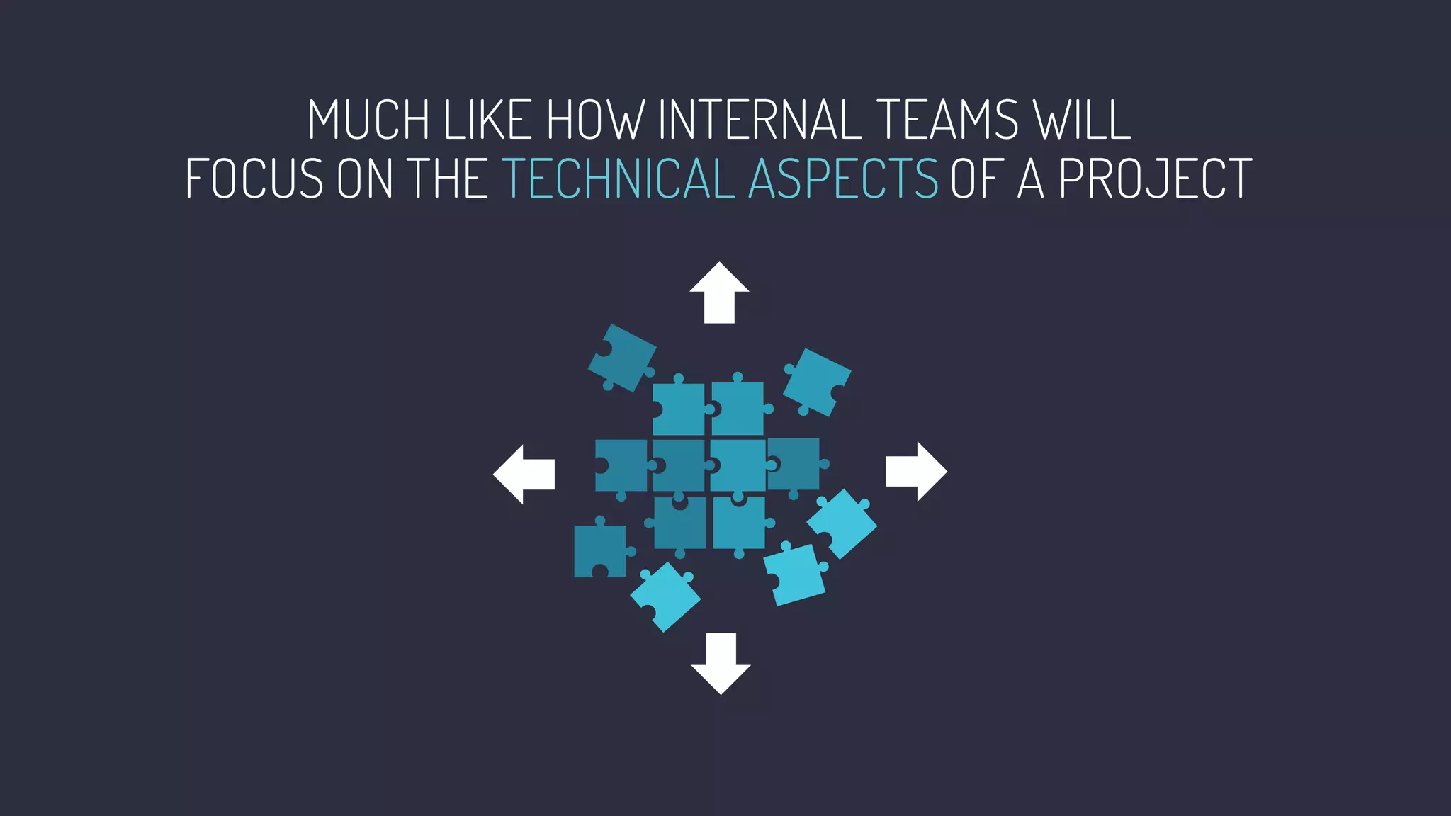 MUCH LIKE HOW INTERNAL TEAMS WILL
FOCUS ON THE TECHNICAL ASPECTS OF A PROJECT
 