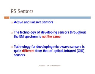 RS Sensors
GNR401 Dr. A. Bhattacharya
3
 Active and Passive sensors
 The technology of developing sensors throughout
the EM spectrum is not the same.
 Technology for developing microwave sensors is
quite different from that of optical-Infrared (OIR)
sensors.
 