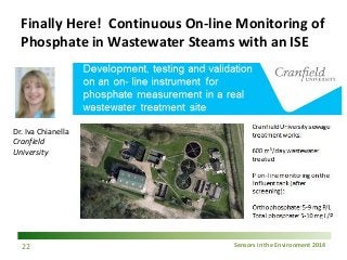 Sensors in the Environment 2014 
Finally Here! Continuous On-line Monitoring of Phosphate in Wastewater Steams with an ISE 22 
Dr. Iva Chianella 
Cranfield University  
