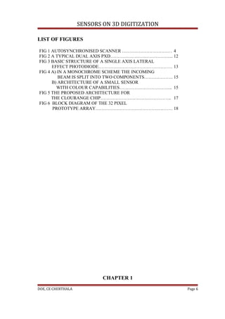 SENSORS ON 3D DIGITIZATION

LIST OF FIGURES

FIG 1 AUTOSYNCHRONISED SCANNER …………………………… 4
FIG 2 A TYPICAL DUAL AXIS PXD…………………………………... 12
FIG 3 BASIC STRUCTURE OF A SINGLE AXIS LATERAL
      EFFECT PHOTODIODE…………………………………………. 13
FIG 4 A) IN A MONOCHROME SCHEME THE INCOMING
         BEAM IS SPLIT INTO TWO COMPONENTS………………. 15
      B) ARCHITECTURE OF A SMALL SENSOR
        WITH COLOUR CAPABILITIES…………………………….. 15
FIG 5 THE PROPOSED ARCHITECTURE FOR
      THE CLOURANGE CHIP……………………………………….. 17
FIG 6 BLOCK DIAGRAM OF THE 32 PIXEL
      PROTOTYPE ARRAY…………………………………………… 18




                            CHAPTER 1
DOE, CE CHERTHALA                                      Page 6
 