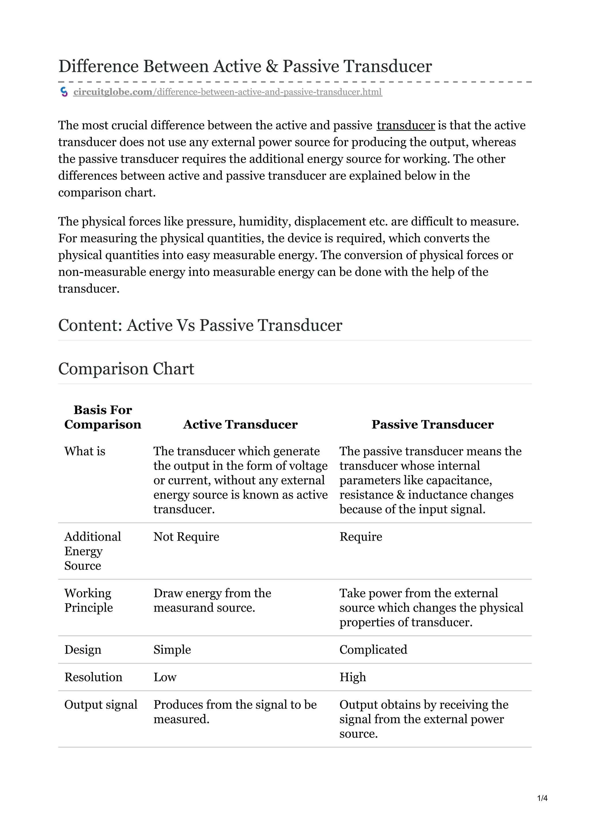 Difference Between Active & Passive Transducer
circuitglobe.com/difference-between-active-and-passive-transducer.html
The most crucial difference between the active and passive transducer is that the active
transducer does not use any external power source for producing the output, whereas
the passive transducer requires the additional energy source for working. The other
differences between active and passive transducer are explained below in the
comparison chart.
The physical forces like pressure, humidity, displacement etc. are difficult to measure.
For measuring the physical quantities, the device is required, which converts the
physical quantities into easy measurable energy. The conversion of physical forces or
non-measurable energy into measurable energy can be done with the help of the
transducer.
Content: Active Vs Passive Transducer
Comparison Chart
Basis For
Comparison Active Transducer Passive Transducer
What is The transducer which generate
the output in the form of voltage
or current, without any external
energy source is known as active
transducer.
The passive transducer means the
transducer whose internal
parameters like capacitance,
resistance & inductance changes
because of the input signal.
Additional
Energy
Source
Not Require Require
Working
Principle
Draw energy from the
measurand source.
Take power from the external
source which changes the physical
properties of transducer.
Design Simple Complicated
Resolution Low High
Output signal Produces from the signal to be
measured.
Output obtains by receiving the
signal from the external power
source.
1/4
 