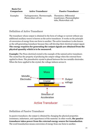 Examples Tachogenerator, Thermocouple,
Photovoltaic cell etc.
Thermistor, Differential
transformer, Photomultiplier
tube, Photovoltaic cell.
Basis For
Comparison Active Transducer Passive Transducer
Definition of Active Transducer
The transducer whose output is obtained in the form of voltage or current without any
additional auxiliary source is known as the active transducer. It works on the principle
of conversion of energy from one form to another. The active transducer is also known
as the self-generating transducer because they self-develop their electrical output signal.
The energy requires for generating the output signals are obtained from the
physical quantity which is to be measured.
Example: The Piezo electrical crystal is the example of the natural active transducer.
The crystal has the property of producing the output voltage when the external force
applied to them. The piezoelectric crystal is placed between the two metallic electrodes.
When the force applied to the crystal, the voltage induces across it.
Definition of Passive Transducer
In passive transducer, the output is obtained by changing the physical properties
(resistance, inductance, and capacitance) of the material. In other words, the passive
transducer takes power from the external energy source for transduction.
The word transduction means conversion of energy from one form to another.
2/4
 