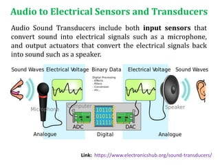 Audio to Electrical Sensors and Transducers
Audio Sound Transducers include both input sensors that
convert sound into electrical signals such as a microphone,
and output actuators that convert the electrical signals back
into sound such as a speaker.
Link: https://www.electronicshub.org/sound-transducers/
 