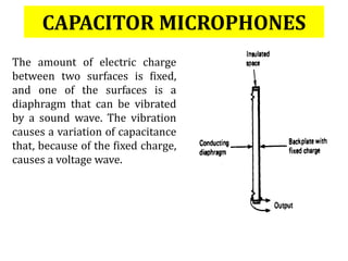 CAPACITOR MICROPHONES
The amount of electric charge
between two surfaces is fixed,
and one of the surfaces is a
diaphragm that can be vibrated
by a sound wave. The vibration
causes a variation of capacitance
that, because of the fixed charge,
causes a voltage wave.
 