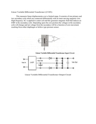 Linear Variable Differential Transformer (LVDT):
This measures linear displacements over a limited range. It consists of one primary and
two secondary coils which are connected differentially with an inner moving magnetic core.
High frequency AC is applied to center coil and this generates magnetic field that induces an
EMF in the secondary coils. Depending upon the core position the voltages in the secondary
coils will change and net voltage from the secondary will be a function of core movement
resulting from either diaphragm or bellow type pressure sensor.
Linear Variable Differential Transformer Output Circuit
 