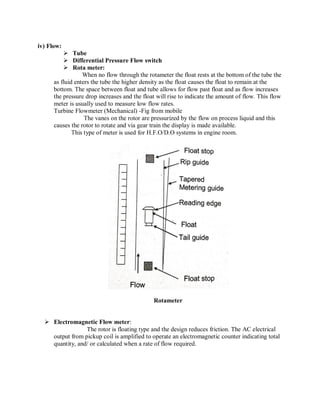 iv) Flow:
 Tube
 Differential Pressure Flow switch
 Rota meter:
When no flow through the rotameter the float rests at the bottom of the tube the
as fluid enters the tube the higher density as the float causes the float to remain at the
bottom. The space between float and tube allows for flow past float and as flow increases
the pressure drop increases and the float will rise to indicate the amount of flow. This flow
meter is usually used to measure low flow rates.
Turbine Flowmeter (Mechanical) -Fig from mobile
The vanes on the rotor are pressurized by the flow on process liquid and this
causes the rotor to rotate and via gear train the display is made available.
This type of meter is used for H.F.O/D.O systems in engine room.
Rotameter
 Electromagnetic Flow meter:
The rotor is floating type and the design reduces friction. The AC electrical
output from pickup coil is amplified to operate an electromagnetic counter indicating total
quantity, and/ or calculated when a rate of flow required.
 