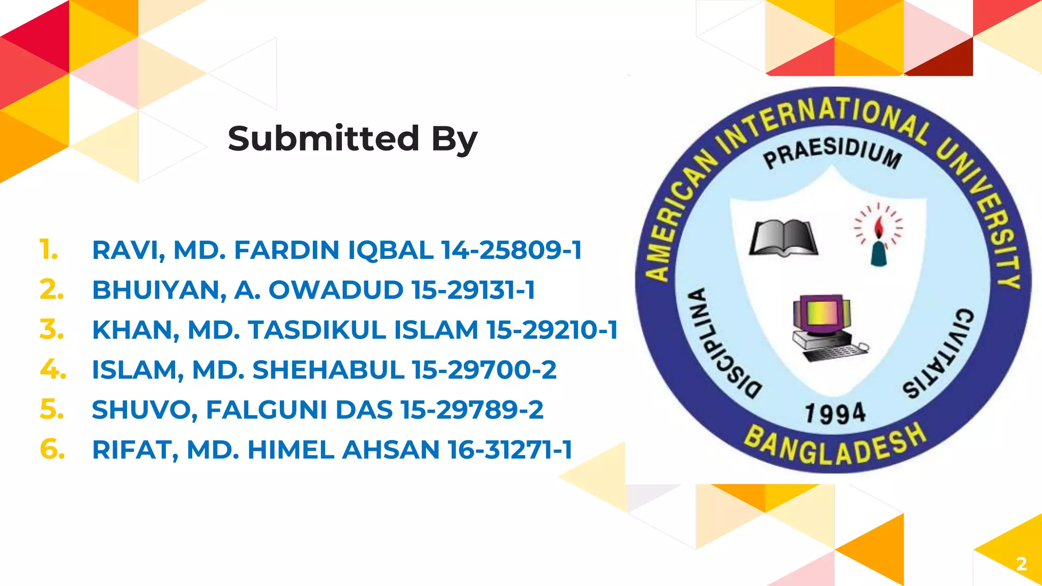 Submitted By
1. RAVI, MD. FARDIN IQBAL 14-25809-1
2. BHUIYAN, A. OWADUD 15-29131-1
3. KHAN, MD. TASDIKUL ISLAM 15-29210-1
4. ISLAM, MD. SHEHABUL 15-29700-2
5. SHUVO, FALGUNI DAS 15-29789-2
6. RIFAT, MD. HIMEL AHSAN 16-31271-1
2
 