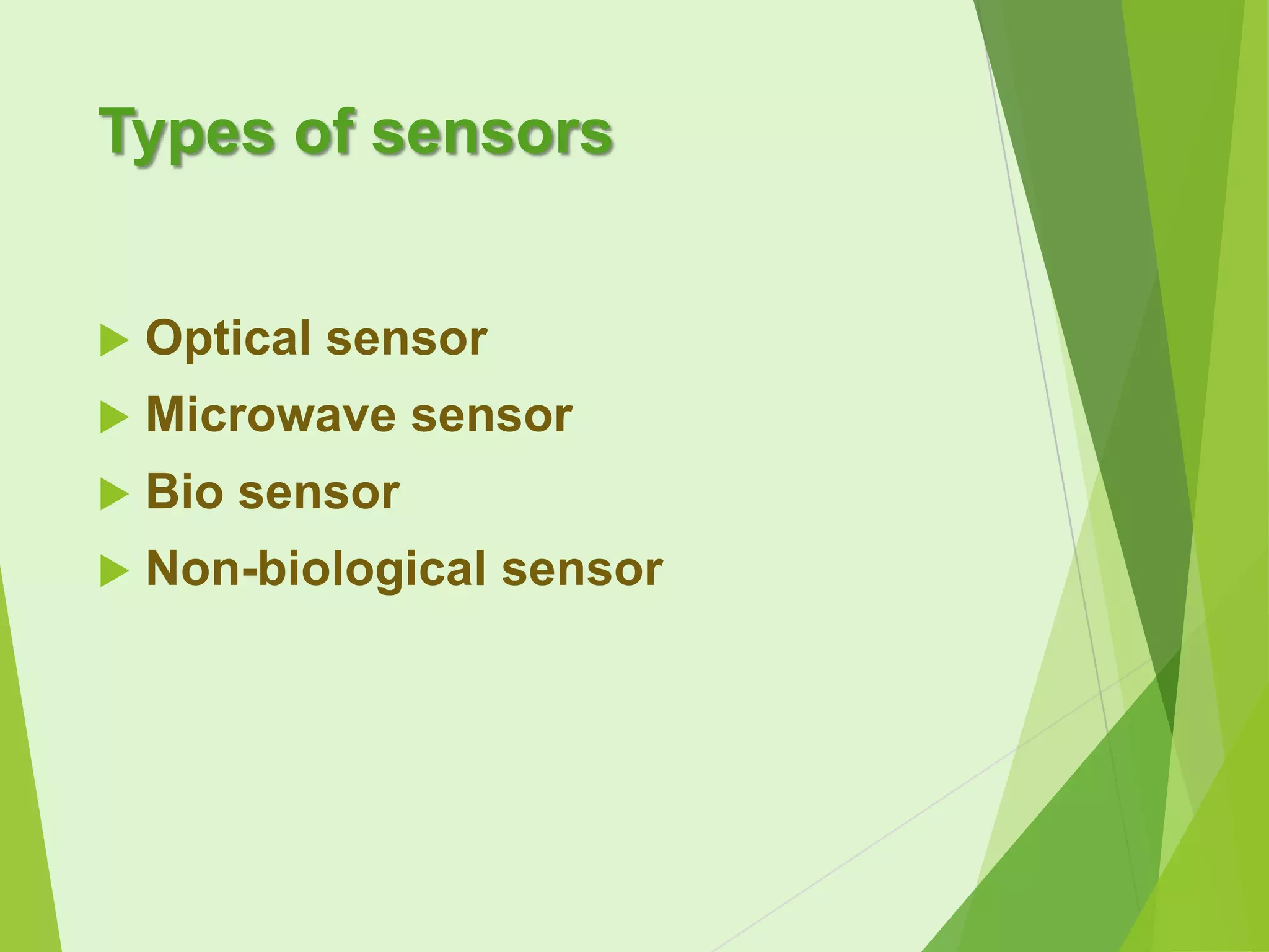 Types of sensors


Optical sensor



Microwave sensor



Bio sensor



Non-biological sensor

 