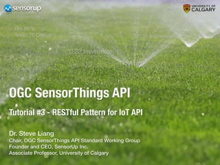 OGC SensorThings API
Tutorial #3 - RESTful Pattern for IoT API
0.23 litre/minute
0.25 litre/minute
0.27 litre/minuteRH: 85 %
Temp: 18 Celsius
Dr. Steve Liang
Chair, OGC SensorThings API Standard Working Group
Founder and CEO, SensorUp Inc.
Associate Professor, University of Calgary
 
