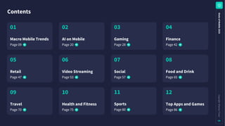 Contents
S
t
a
t
e
o
f
M
o
b
i
l
e
2
0
2
5
C
o
p
y
r
i
g
h
t
©
S
e
n
s
o
r
T
o
w
e
r
04
01
01
MacroMobileTrends
Page 09
02
AIonMobile
Page 20
03
Gaming
Page 28
04
Finance
Page 42
01
05
Retail
Page 47
06
VideoStreaming
Page 53
07
Social
Page 57
08
FoodandDrink
Page 65
11
Sports
Page 80
10
HealthandFitness
Page 75
01
09
Travel
Page 70
12
TopAppsandGames
Page 86
 
