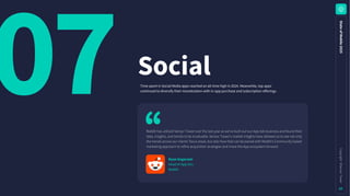 07
S
t
a
t
e
o
f
M
o
b
i
l
e
2
0
2
5
C
o
p
y
r
i
g
h
t
©
S
e
n
s
o
r
T
o
w
e
r
57
Social
Time spent in Social Media apps reached an all-time high in 2024. Meanwhile, top apps
continued to diversify their monetization with in-app purchase and subscription offerings.
Reddit has utilized Sensor Tower over the last year as we've built out our App Ads business and found their
data, insights, and trends to be invaluable. Sensor Tower's market insights have allowed us to see not only
the trends across our clients' focus areas, but also how that can be paired with Reddit's Community based
marketing approach to refine acquisition strategies and move the App ecosystem forward.
RyanAngerami
Head of App Dev.
Reddit
 