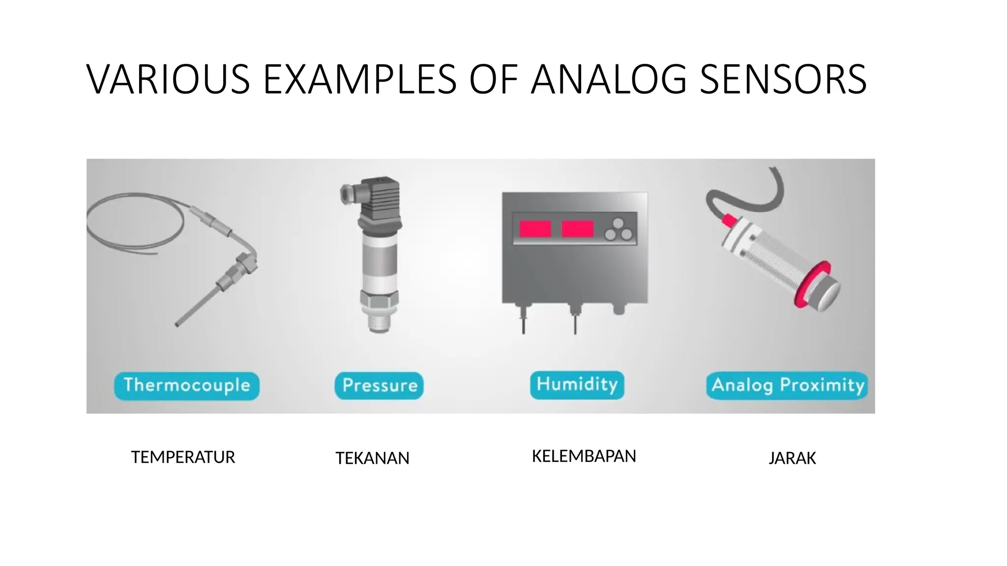 VARIOUS EXAMPLES OF ANALOG SENSORS
TEMPERATUR TEKANAN KELEMBAPAN JARAK
 