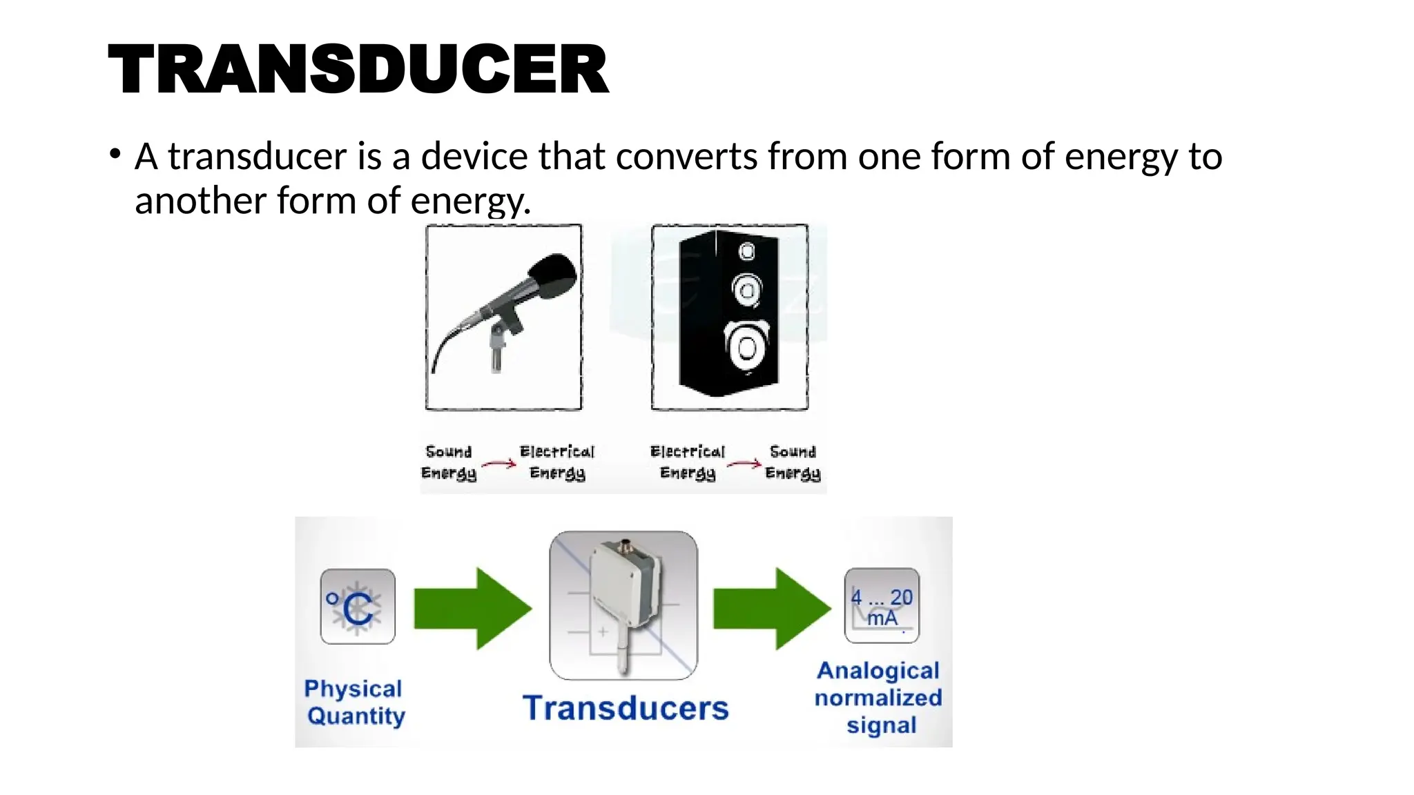 TRANSDUCER
• A transducer is a device that converts from one form of energy to
another form of energy.
 