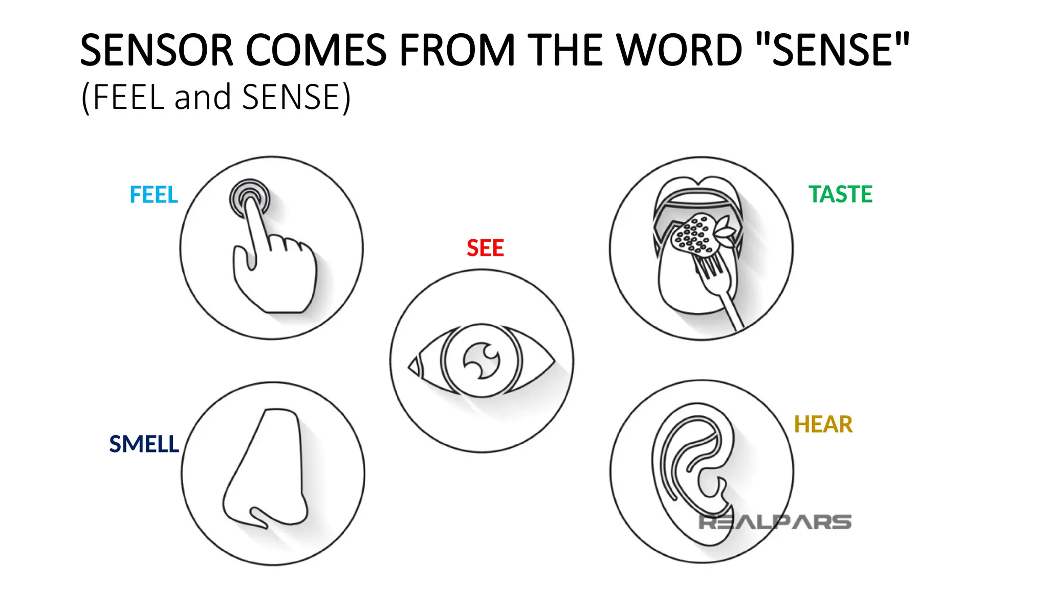 SENSOR COMES FROM THE WORD "SENSE"
(FEEL and SENSE)
FEEL
HEAR
SMELL
TASTE
SEE
 