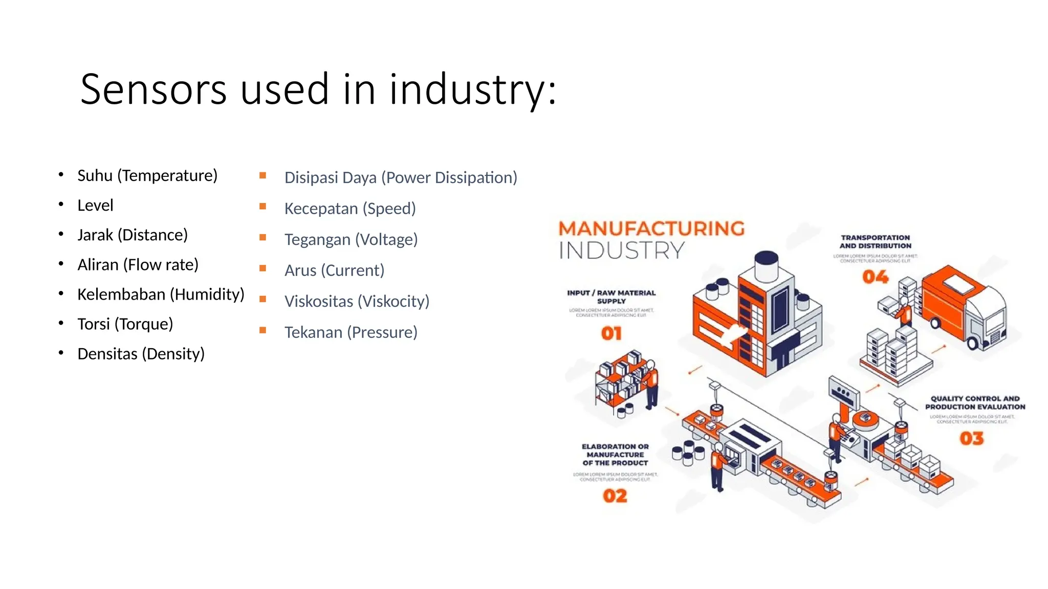 Sensors used in industry:
• Suhu (Temperature)
• Level
• Jarak (Distance)
• Aliran (Flow rate)
• Kelembaban (Humidity)
• Torsi (Torque)
• Densitas (Density)
 Disipasi Daya (Power Dissipation)
 Kecepatan (Speed)
 Tegangan (Voltage)
 Arus (Current)
 Viskositas (Viskocity)
 Tekanan (Pressure)
 