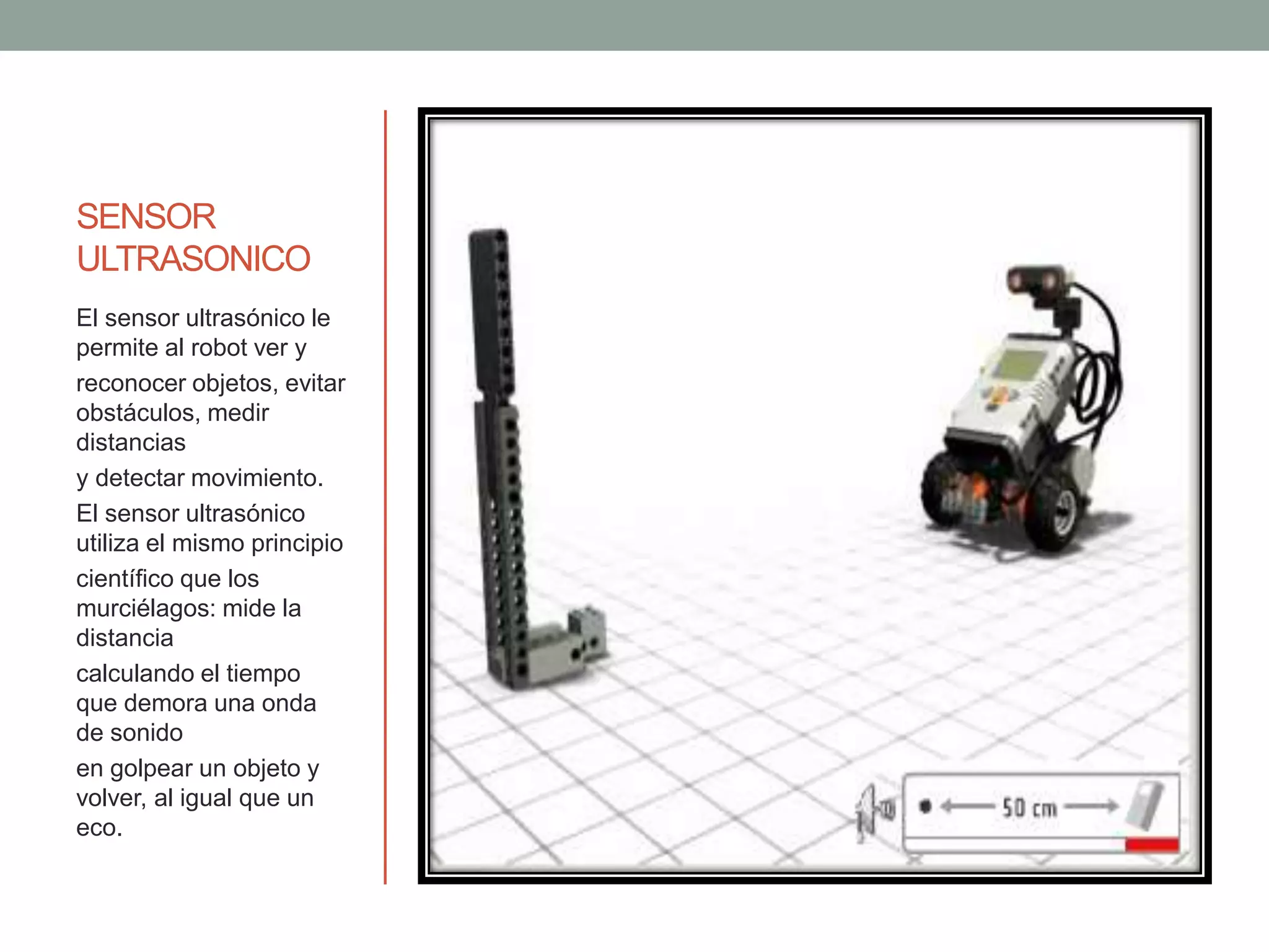 SENSOR
ULTRASONICO
El sensor ultrasónico le
permite al robot ver y
reconocer objetos, evitar
obstáculos, medir
distancias
y detectar movimiento.
El sensor ultrasónico
utiliza el mismo principio
científico que los
murciélagos: mide la
distancia
calculando el tiempo
que demora una onda
de sonido
en golpear un objeto y
volver, al igual que un
eco.