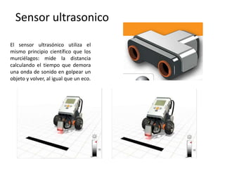 Sensor ultrasonico
El sensor ultrasónico utiliza el
mismo principio científico que los
murciélagos: mide la distancia
calculando el tiempo que demora
una onda de sonido en golpear un
objeto y volver, al igual que un eco.
