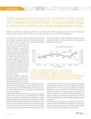 EDIÇÃO 04 19
PARCEIROS
Pensando nisso, a Virtual Gate, que há dez anos atua na área
de contagem e gestão de fluxo de pessoas em pontos de
venda, desenvolveu sua ferramenta que utiliza tecnologia
de captura de informações por
meio de câmeras (video-analytics).
Obter informações que permitam
“enxergar” melhor a operação no
varejo é essencial para aperfeiçoar
a tomada de decisões. Com tais in-
formações capturadas pelas câme-
ras, várias soluções customizadas
podem ser definidas para ajudar na
construção de resultados, que por
sua vez podem ser mensurados ao
se analisar a quantidade de clientes
que entraram na loja versus o nú-
mero de vendas realizadas (tickets
emitidos), ou, em outras palavras,
taxa de conversão.
“O varejo moderno toma suas
decisões gerenciais baseado nos
indicadores da taxa de conversão”,
explica Heloísa Cranchi, diretora-
-geral da Virtual Gate, que fornece tais soluções e serviços.
“Nosso sistema permite que o varejista saiba quantos clien-
tes entraram em suas lojas diariamente, hora a hora, e quan-
tos desses clientes compraram, variável denominada taxa
de conversão”, explica.
A ferramenta da Virtual Gate permite, ainda, que o varejis-
ta tenha uma visão analítica e confiável para uma melhor
gestão de pessoas, ao identificar os vendedores e equipes
que mais se destacam, necessidades de treinamento e esta-
belecimento de metas. O sistema já possui relatórios pron-
tos para diversas análises, dentre eles o relatório de “horas
quentes”, em que é possível identificar os horários de pico,
ou de maior fluxo de pessoas. Entendendo o fluxo de clien-
tes, pode-se adequar a melhor escala de vendedores na loja,
buscando sempre um melhor atendimento, principalmente
quando a loja está cheia.
A Virtual Gate mantém um serviço proativo de monitora-
mento de toda a rede de câmeras instaladas, detectando
qualquer falha de transmissão ou de geração de dados e
corrigindo-a antes mesmo que o cliente tenha conheci-
mento da ocorrência. Seu processo de gerenciamento de
dados é completo e confiável e vai desde a transmissão, va-
lidação, correlação e armazenamento de dados até a análise
e disponibilização em um ambiente web amigável e de fácil
navegação.
Entre seus clientes estão grandes empresas como C&A, Per-
nambucanas, Vivo, Telhanorte, Leroy Merlin, Livraria Cultura,
Cybelar, Shoestock, Nokia, Via Uno, Reebok, Cantão, Redley,
L’Occitane, Lacoste e Kate Spade, entre outras.
Indicadores de fluxo de clientes e de taxa
de conversão em vendas ajudam varejistas
a definir estratégias para aumentar lucro
Definir produtos, estoques, vitrines e ainda gerir uma equipe comercial, de modo que
tudo seja revertido em vendas, é um desafio para dez entre dez varejistas.
Com AS informações captadas
pelas câmeras, várias soluções
customizadas podem ser definidas para
ajudar na construção de resultados
 