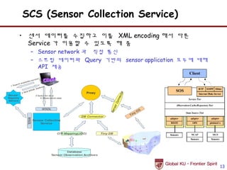 SCS (Sensor Collection Service)

• 센서 데이터를 수집하고 이를 XML encoding 해서 다른
  Service 가 이용할 수 있도록 해 줌
  – Sensor network 과 직접 통신
  – 스트림 데이터와 Query 기반의 sensor application 모두에 대해
    API 제공




                                                   13
 