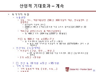 산업적 기대효과 – 계속
• 부가가치 추정
  – 수출관련
    • 석유 , 가스 , 해양개발관련 (‘08 년 300 억달러 예상 , 한국플랜트 산
      업협회 )
       – (1 억달러 이상의 경우 )
       – 2008 년 : 40 건 ( 예상 ) (1 조원 이상 규모도 많아짐 ) (cf. 2007 년 : 32
         건)
    • 해외건설 관련 ( 건교부 & 해외건설협회 )
       – 총 488 건 수주 (304 억불 ) (2007 년 10 월말 )

      총 500 건 기준 x 1,5% = 7 건
       – 본 프로젝트의 상품화 : 2 억 x 7 건 = 14 억
           » 통상 대형 사이트당 보안설비 약 50 억원 (CCTV/DVR + 센서 + 관
             제센터 )
  – 민간내수 ( 수입대체 )
    • 보안감시 ( 건설 , 항만 , …, 환경 , )
           » Cf. 홈네트워크만 100 억원 이상 프로젝트 23 건 ( 홈네트워크산업
             협회 )
    • 1 억 x 5 건 = 5 억원

    연간 총 19 억원 x 5 년 = 95 억원
  – 기타 추가효과
    • 기타 응용분야 적용 ( 국방 , 수송 , …)
                                                                    21
 