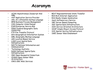 Acoronym
•   AJAX Asynchronous Javascript And      •   REST Representational State Transfer
    XML                                   •   RIA Rich Internet Application
•   ASP Application Service Provider      •   RSS Really Simple Syndication
•   AXL Arc eXtensible markup Language    •   SaaS Software as a Service
•   BPM Business Process Management       •   SBC Server Based Computing
•   CAD Computer Aided Design             •   SDI Spatial Data Infrastructure
•   ESB Enterprise Service Bus            •   SOA Service-Oriented Architecture
•   FGDC Federal Geographic Data          •   SOAP Simple Object Access Protocol
    Committee                             •   SSI Spatial Service Infrastructure
•   FTP File Transfer Protocol            •   SWE Sensor Web Enablement
•   GIS Geographical Information System
•   GML Geography Markup Language
•   LBS Location Based Service
•   LSDI Local Spatial Data
    Infrastructure
•   NICTA National Information and
    Communication
•   Technology Australia
•   NSDI National Spatial Data
    Infrastructure
•   OGC Open Geospatial Consortium
•   OSWA Open Sensor Web
    Architecture
•   OWS OGC Web Services


                                                                                     26
 