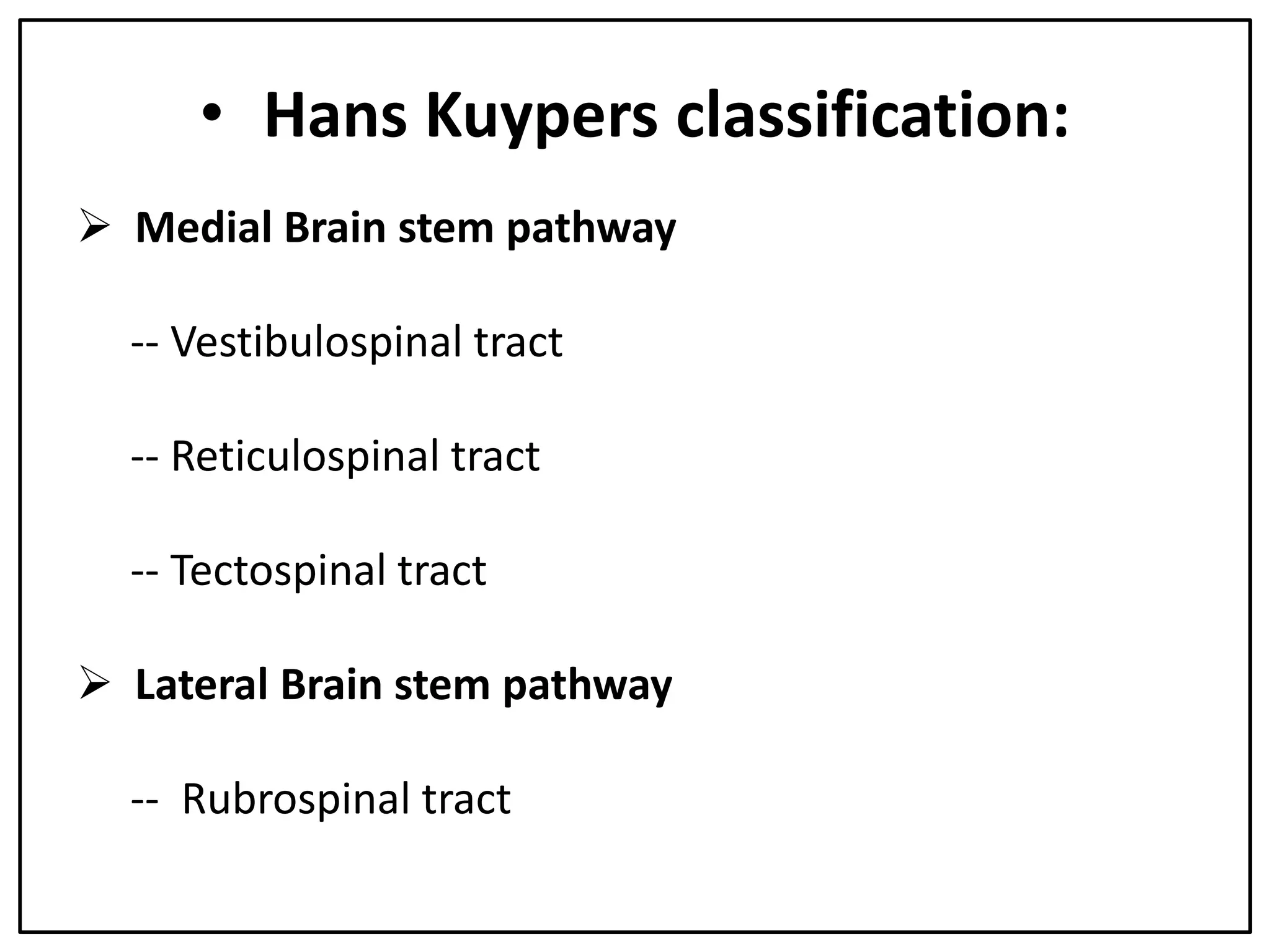 h• Hans Kuypers classification:
 Medial Brain stem pathway
-- Vestibulospinal tract
-- Reticulospinal tract
-- Tectospinal tract
 Lateral Brain stem pathway
-- Rubrospinal tract
 