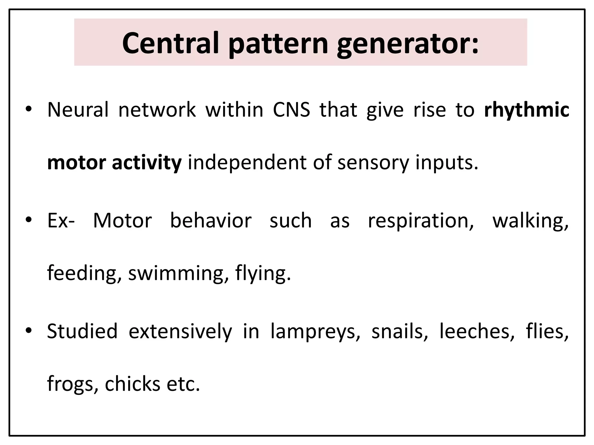 Central pattern generator:
• Neural network within CNS that give rise to rhythmic
motor activity independent of sensory inputs.
• Ex- Motor behavior such as respiration, walking,
feeding, swimming, flying.
• Studied extensively in lampreys, snails, leeches, flies,
frogs, chicks etc.
 