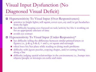 Visual Input Dysfunction (No
Diagnosed Visual Deficit)
   Hypersensitivity To Visual Input (Over-Responsiveness)
       sensitive to bright lights; will squint, cover eyes, cry and/or get headaches
        from the light
       has difficulty keeping eyes focused on task/activity he/she is working on
        for an appropriate amount of time
       avoids eye contact
   Hyposensitivity To Visual Input (Under-Responsive)*
       has difficulty telling the difference between similar printed letters or
        figures; i.e., p & q, b & d, + and x, or square and rectangle
       often loses his/her place while reading or doing math problems
       difficulty with jigsaw puzzles, copying shapes, and/or cutting/tracing
        along a line
       difficulty judging spatial relationships in the environment; i.e., bumps into
        objects/people or missteps on curbs and stairs
 