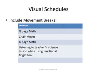 Functional Fidget Tools
• No Thinking!
• Test It!
• Examples: rubber bands, pen tops, smooth
  rocks and pendants




                 Cynthia Miller-Lautman, OT
 