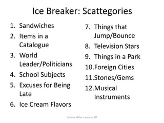 Ice Breaker: Scattegories
1. Sandwiches                     7. Things that
2. Items in a                        Jump/Bounce
   Catalogue                      8. Television Stars
3. World                          9. Things in a Park
   Leader/Politicians             10.Foreign Cities
4. School Subjects                11.Stones/Gems
5. Excuses for Being              12.Musical
   Late                              Instruments
6. Ice Cream Flavors
                   Cynthia Miller-Lautman, OT
 