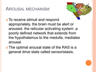 AROUSAL MECHANISM
 To receive stimuli and respond
appropriately, the brain must be alert or
aroused. the reticular activating system ,a
poorly defined network that extends from
the hypothalamus to the medulla, mediates
arousal.
 The optimal arousal state of the RAS is a
general drive state called sensoristasis.
 