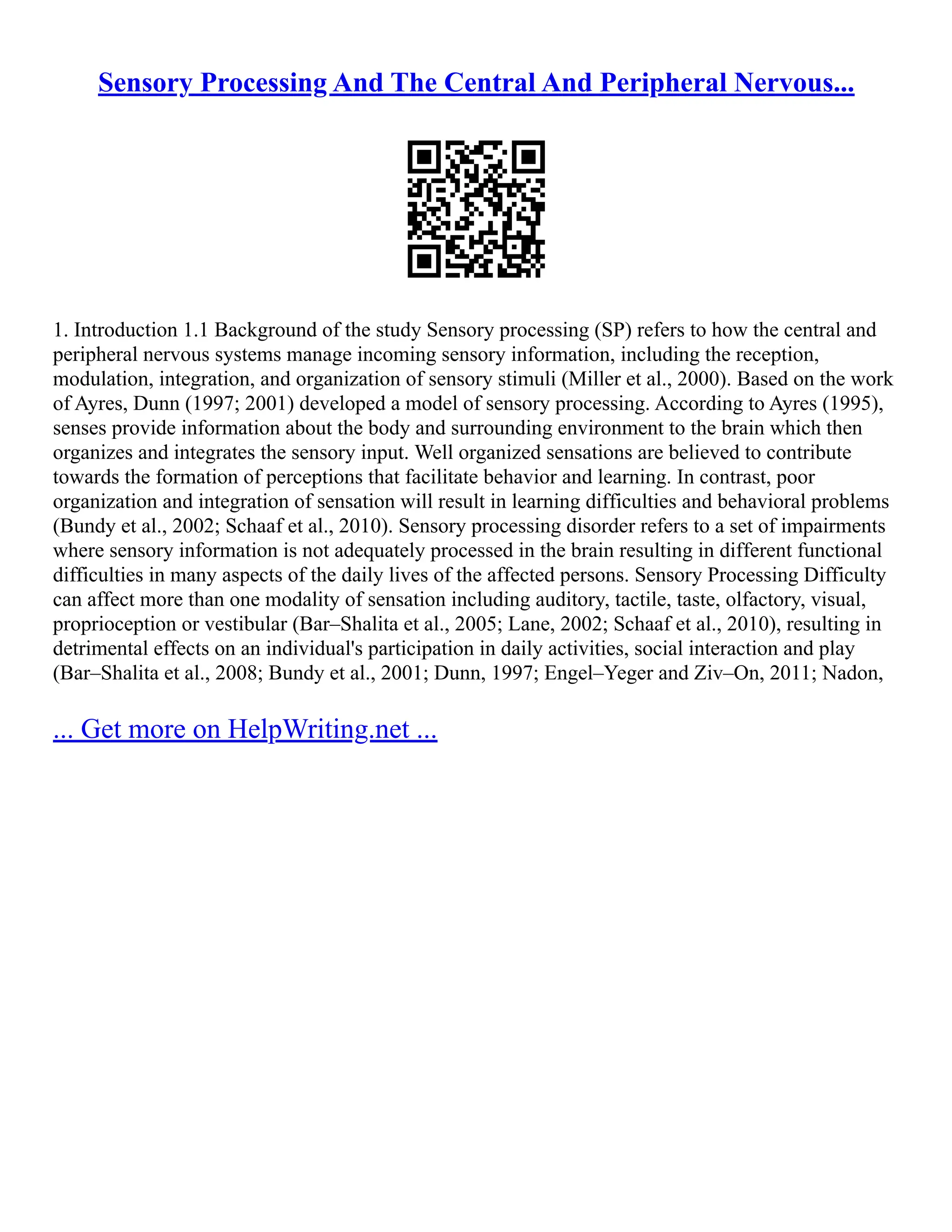 Sensory Integration And Sensory Processing | PDF