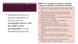  Enhanced sensation to
promote modulation is
always built into
meaningful activity with
the child’s active
participation; it is not
administered passively
 