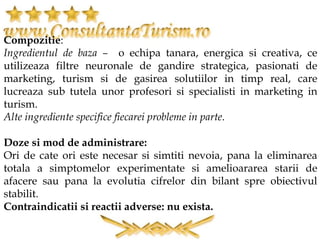 Compozitie:
Ingredientul de baza C o echipa tanara, energica si creativa, ce
utilizeaza filtre neuronale de gandire strategica, pasionati de
marketing, turism si de gasirea solutiilor in timp real, care
lucreaza sub tutela unor profesori si specialisti in marketing in
turism.
Alte ingrediente specifice fiecarei probleme in parte.
Doze si mod de administrare:
Ori de cate ori este necesar si simtiti nevoia, pana la eliminarea
totala a simptomelor experimentate si amelioararea starii de
afacere sau pana la evolutia cifrelor din bilant spre obiectivul
stabilit.
Contraindicatii si reactii adverse: nu exista.
 