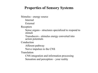 • Stimulus - energy source
• Internal
• External
• Receptors
• Sense organs - structures specialized to respond to
stimuli
• Transducers - stimulus energy converted into
action potentials
• Conduction
• Afferent pathway
• Nerve impulses to the CNS
• Translation
• CNS integration and information processing
• Sensation and perception – your reality
Properties of Sensory Systems
 