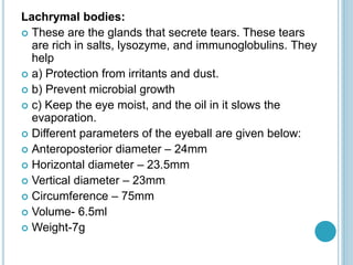 Lachrymal bodies:
 These are the glands that secrete tears. These tears
are rich in salts, lysozyme, and immunoglobulins. They
help
 a) Protection from irritants and dust.
 b) Prevent microbial growth
 c) Keep the eye moist, and the oil in it slows the
evaporation.
 Different parameters of the eyeball are given below:
 Anteroposterior diameter – 24mm
 Horizontal diameter – 23.5mm
 Vertical diameter – 23mm
 Circumference – 75mm
 Volume- 6.5ml
 Weight-7g
 